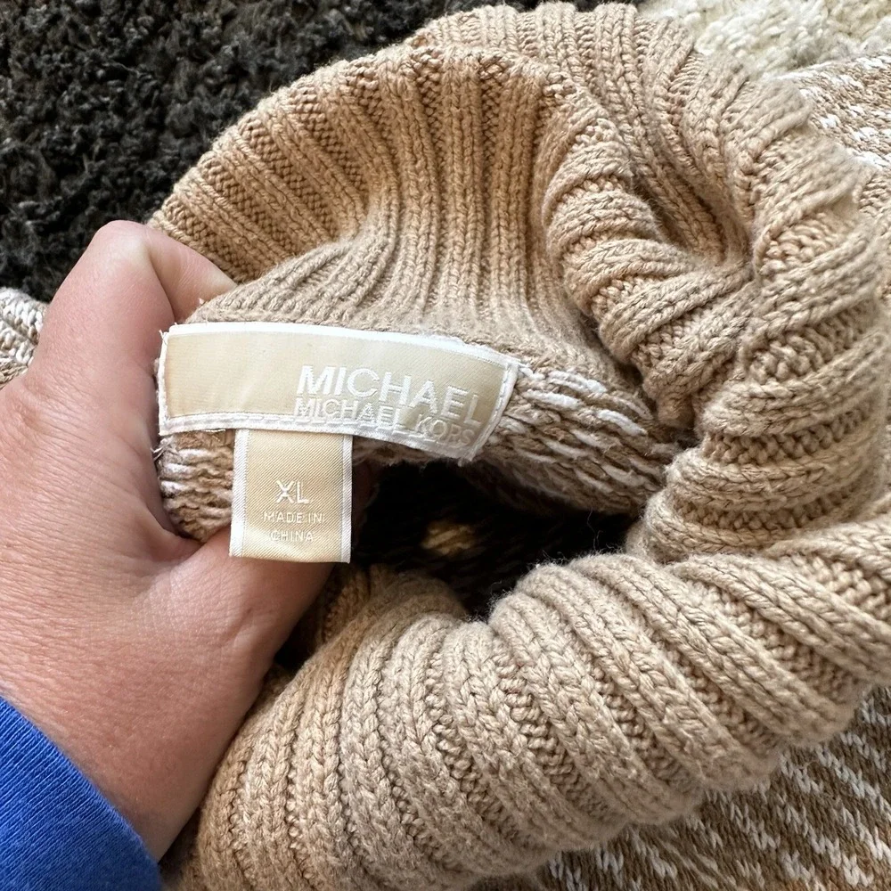 Michael Kors Turtleneck Poncho Sweater Camel‎ White Diagonal Knit Womens XL